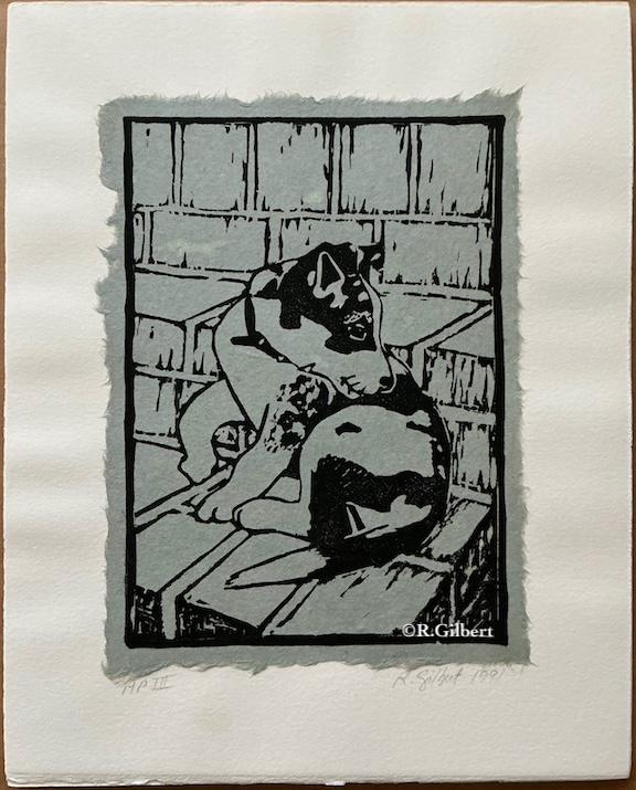 Queensland Pup, 1991 linocut Chine-collé on handmade paper by Roxane Gilbert