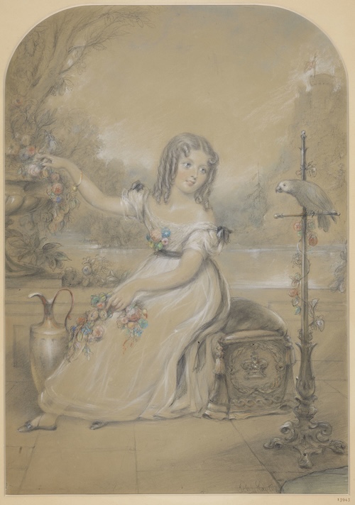 Chalk drawing of Princess Victoria with a Parrot by John Hayter