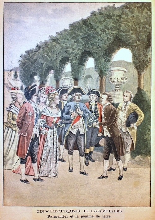 Engraving in Petit Journal, March 1901, depicting Parmentier presenting Louis XVI with a bouquet of potato flowers